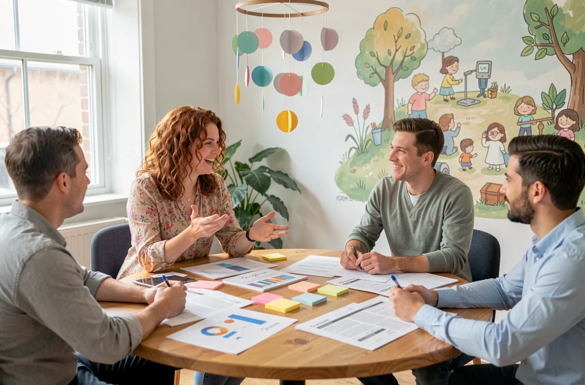 Équipe de Décrocher la Lune Design discutant d'une stratégie Google Ads autour d'une table avec des rapports imprimés dans un espace créatif