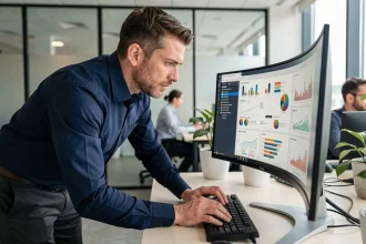 Professionnel IT analysant un tableau de bord BI sur grand écran dans un open space moderne lors d'un déploiement sans interruption de service