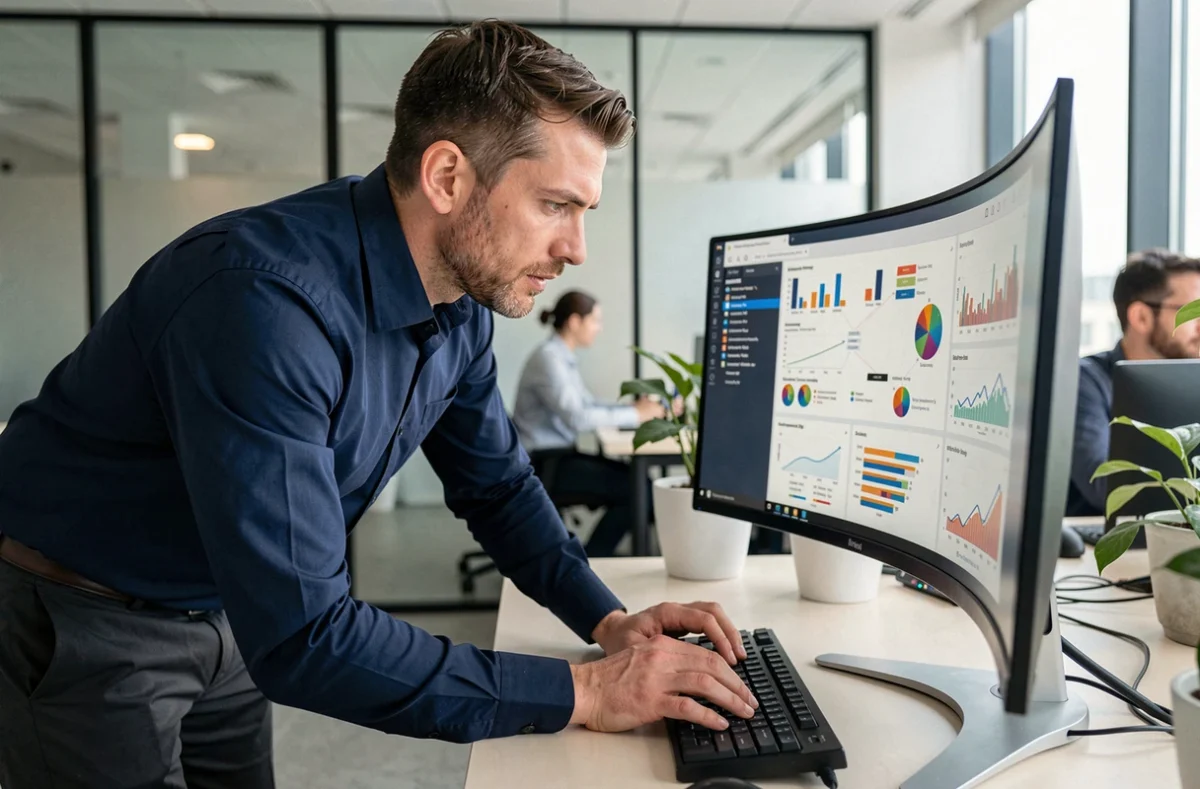 Professionnel IT analysant un tableau de bord BI sur grand écran dans un open space moderne lors d'un déploiement sans interruption de service