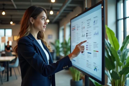 Directrice marketing analysant des données d'impact consommateur sur un écran tactile dans un bureau créatif moderne en 2026