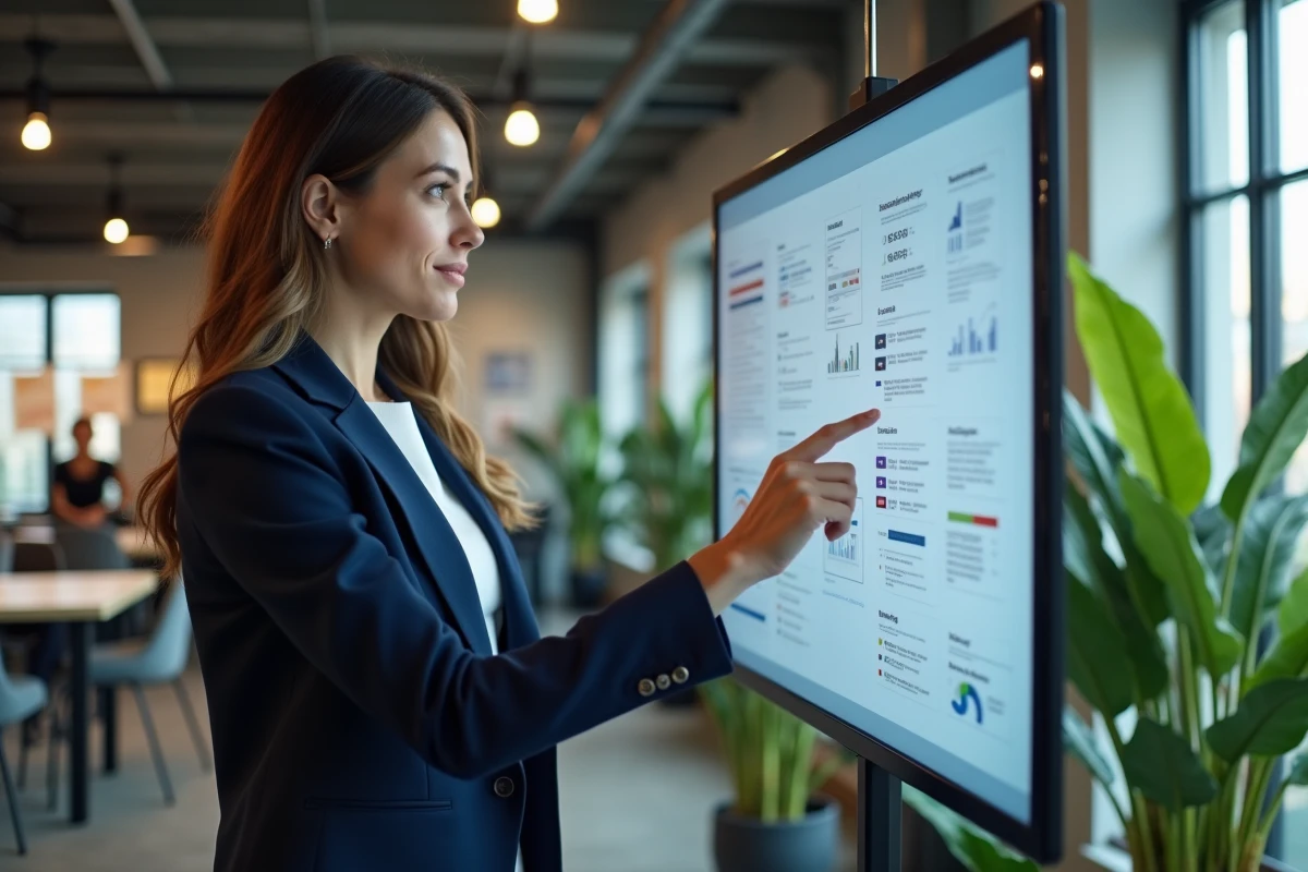 Directrice marketing analysant des données d'impact consommateur sur un écran tactile dans un bureau créatif moderne en 2026