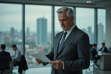 Dirigeant d'entreprise examinant des documents de gestion des risques dans un bureau moderne avec skyline urbain en arrière-plan