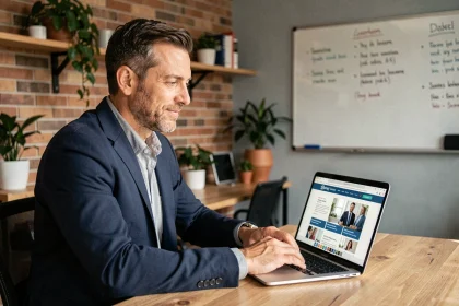 Dirigeant de PME consultant un guide numérique pour entreprises sur son ordinateur portable dans un bureau moderne