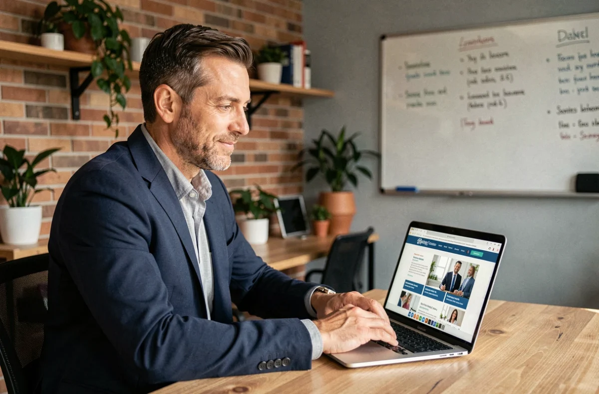 Dirigeant de PME consultant un guide numérique pour entreprises sur son ordinateur portable dans un bureau moderne