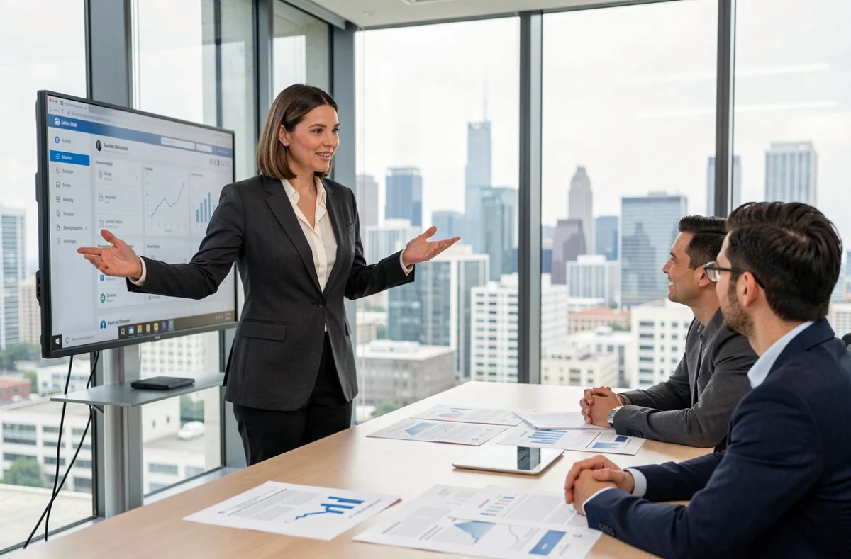 Dirigeante de PME présentant une plateforme de guide entreprise à son équipe lors d'une réunion en salle de conférence moderne