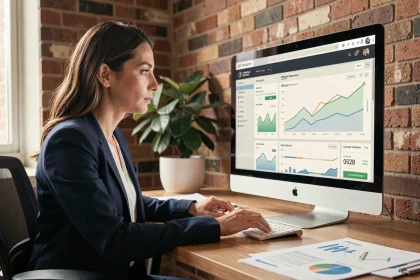 E-commerçante analysant les performances d'un programme d'affiliation Conversant sur son écran d'ordinateur dans un bureau moderne