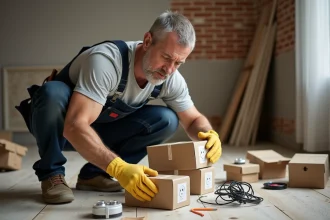 Homme en tenue de travail triant des fournitures électriques dans un appartement en rénovation