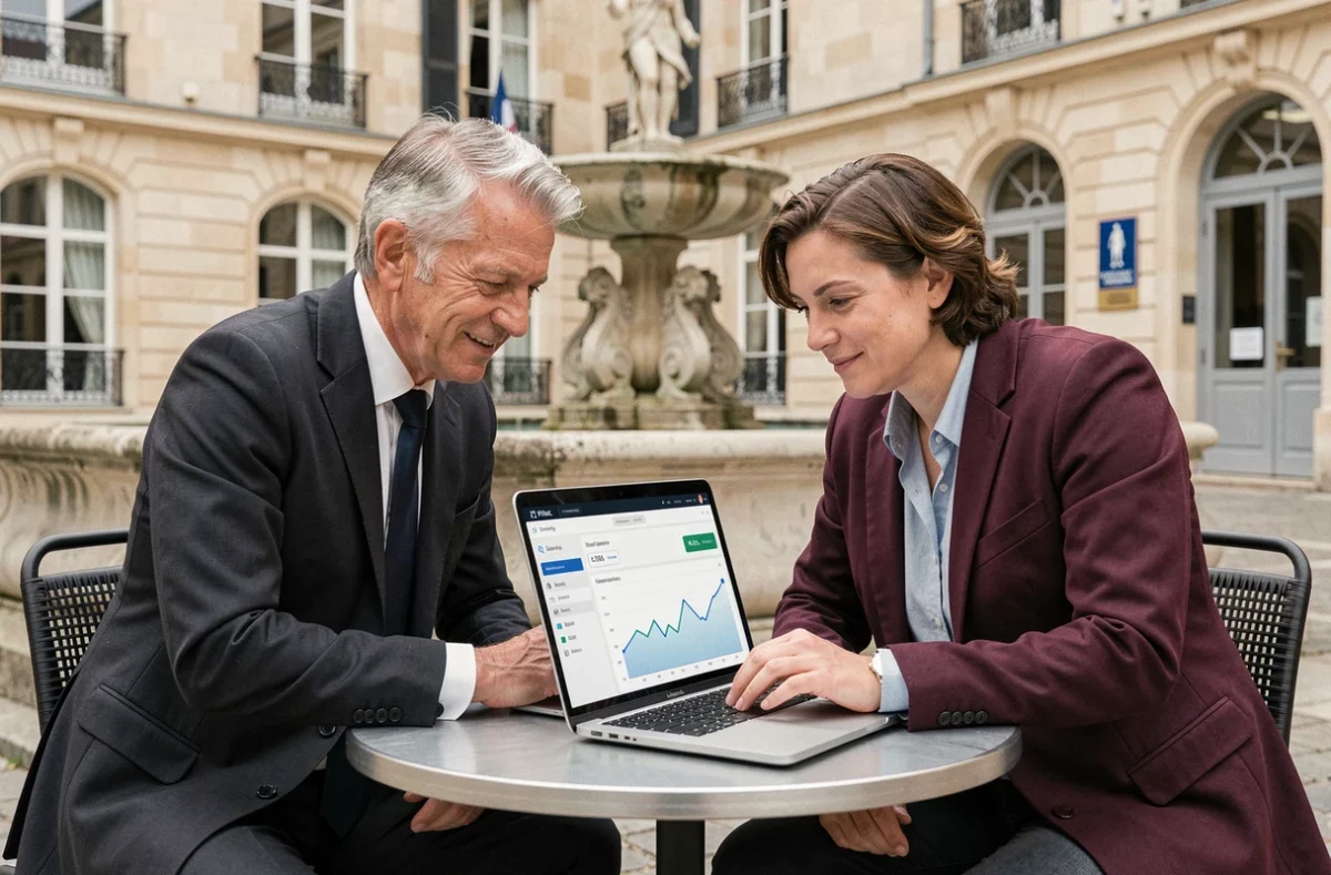 Élu local et conseiller en développement économique consultant un tableau de bord de données d'implantation sur ordinateur portable en extérieur