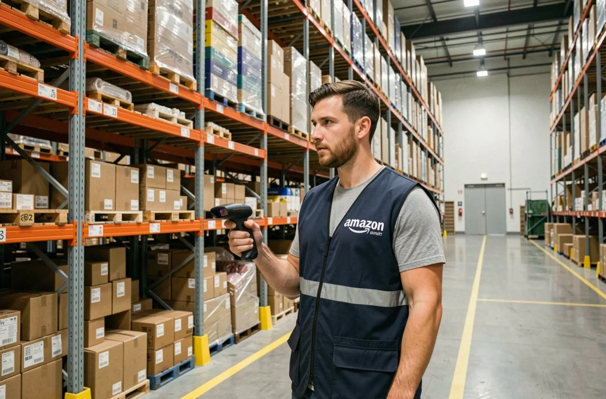 Employé Amazon en entrepôt logistique en France portant un gilet et tenant un scanner de colis