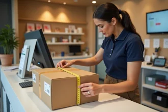 Employée de La Poste mesurant un colis Colissimo avec un mètre ruban sur un comptoir de bureau de poste