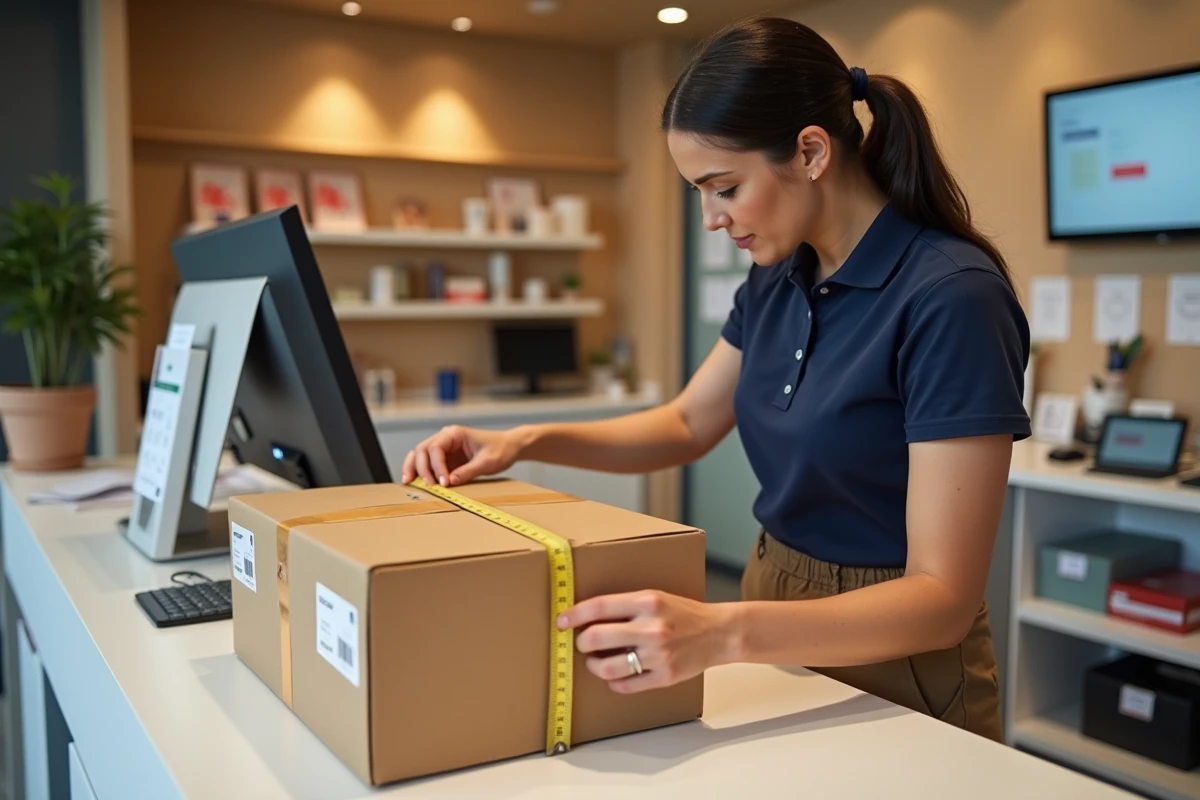 Employée de La Poste mesurant un colis Colissimo avec un mètre ruban sur un comptoir de bureau de poste