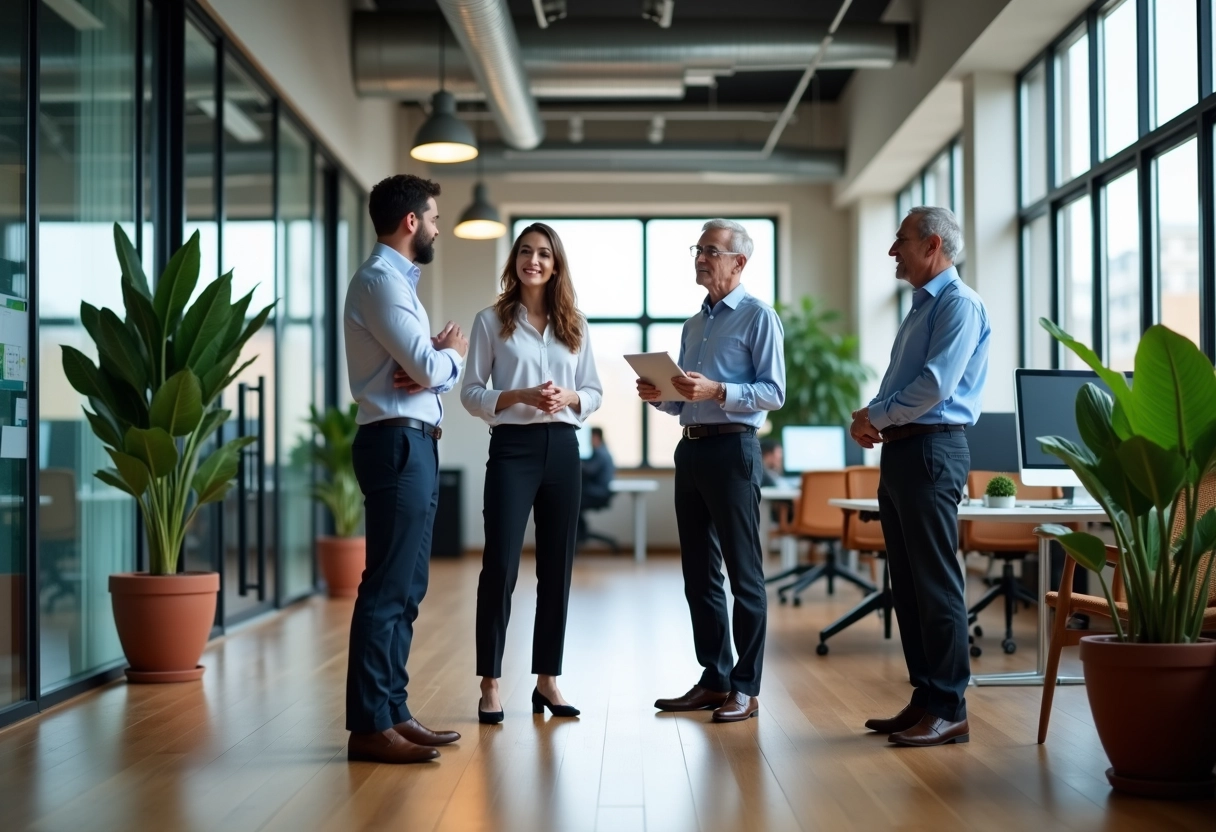 Quatre employés discutant dans un espace de travail ouvert
