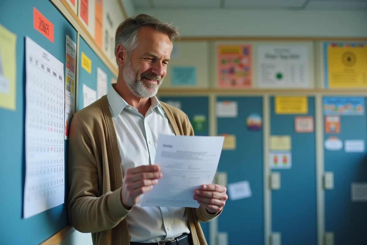 Enseignant v&eacute;rifie fiche de paie dans la salle des profs