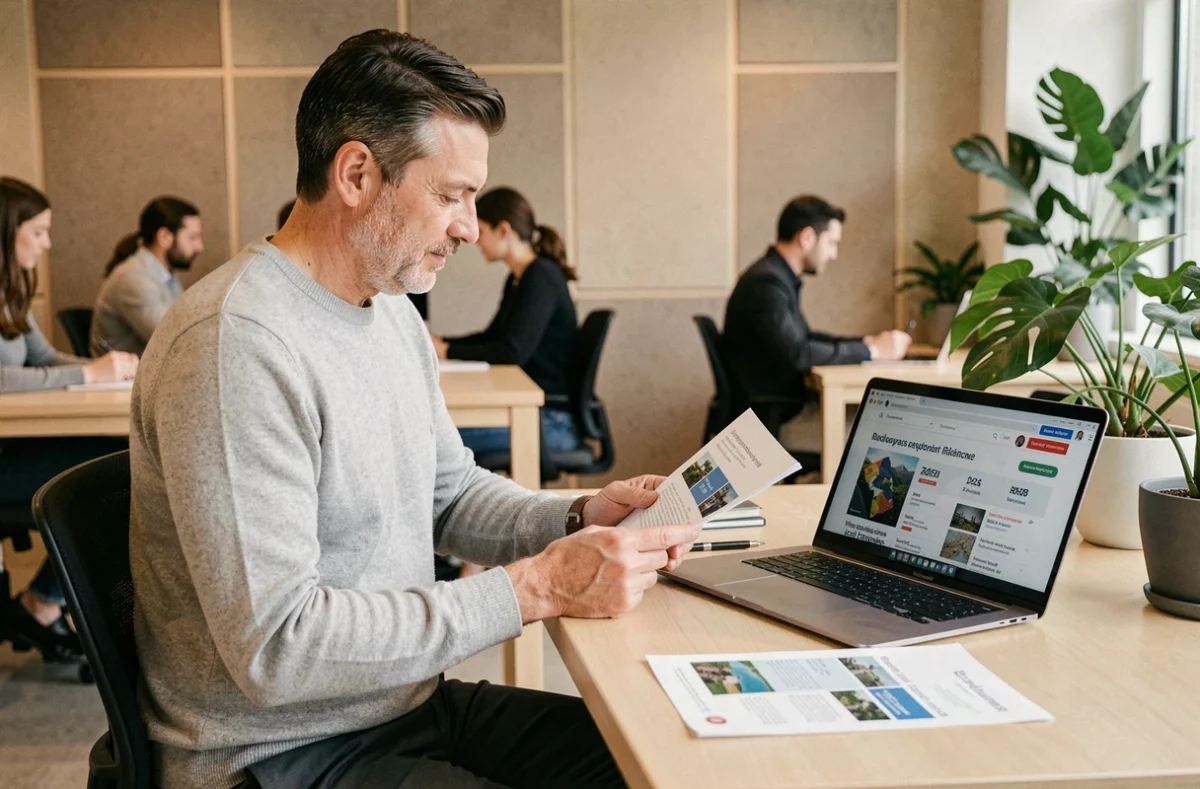 Entrepreneur masculin consultant une brochure de développement territorial et une plateforme d'implantation pour startups dans un espace de coworking contemporain