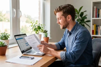 Entrepreneur examinant des contrats d'assurance à son bureau
