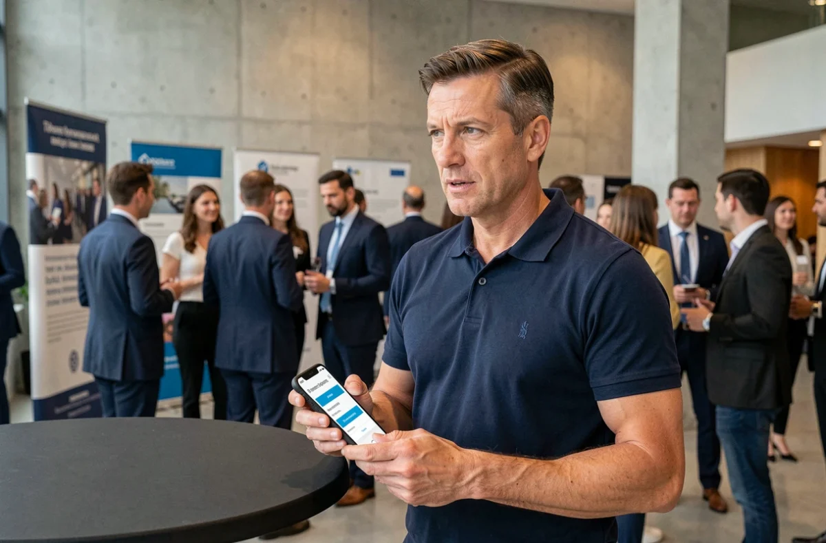 Entrepreneur consultant son smartphone pour s'inscrire à une prochaine date gratuite LesEntreprisesFrenchy lors d'un événement de networking
