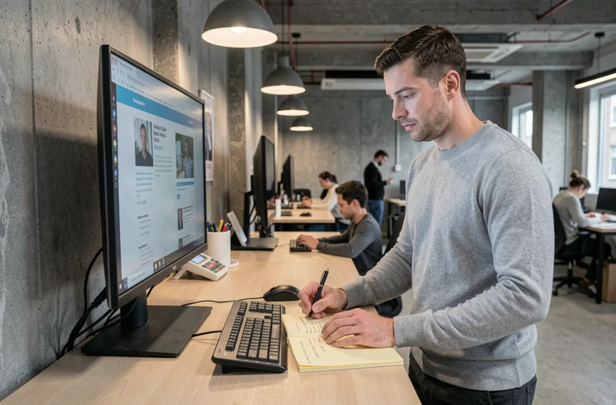 Entrepreneur masculin prenant des notes structurées depuis un blog business dans un espace de coworking moderne, symbole de planification stratégique