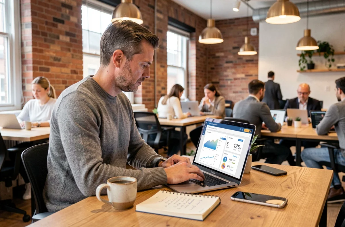 Entrepreneur travaillant sur une plateforme d'accélération de croissance dans un espace de co-working