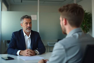 Entretien professionnel entre un responsable RH et un employé dans un bureau moderne, abordant une situation délicate liée à l'alcool au travail