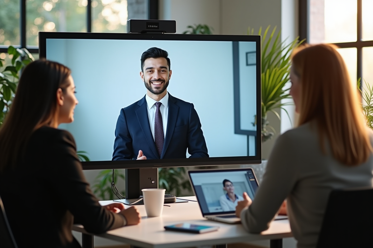 Entretien vidéo à distance avec deux employés et un spécialiste RH sur grand écran
