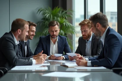 Groupe de professionnels en r&eacute;union d'affaires dans un bureau moderne