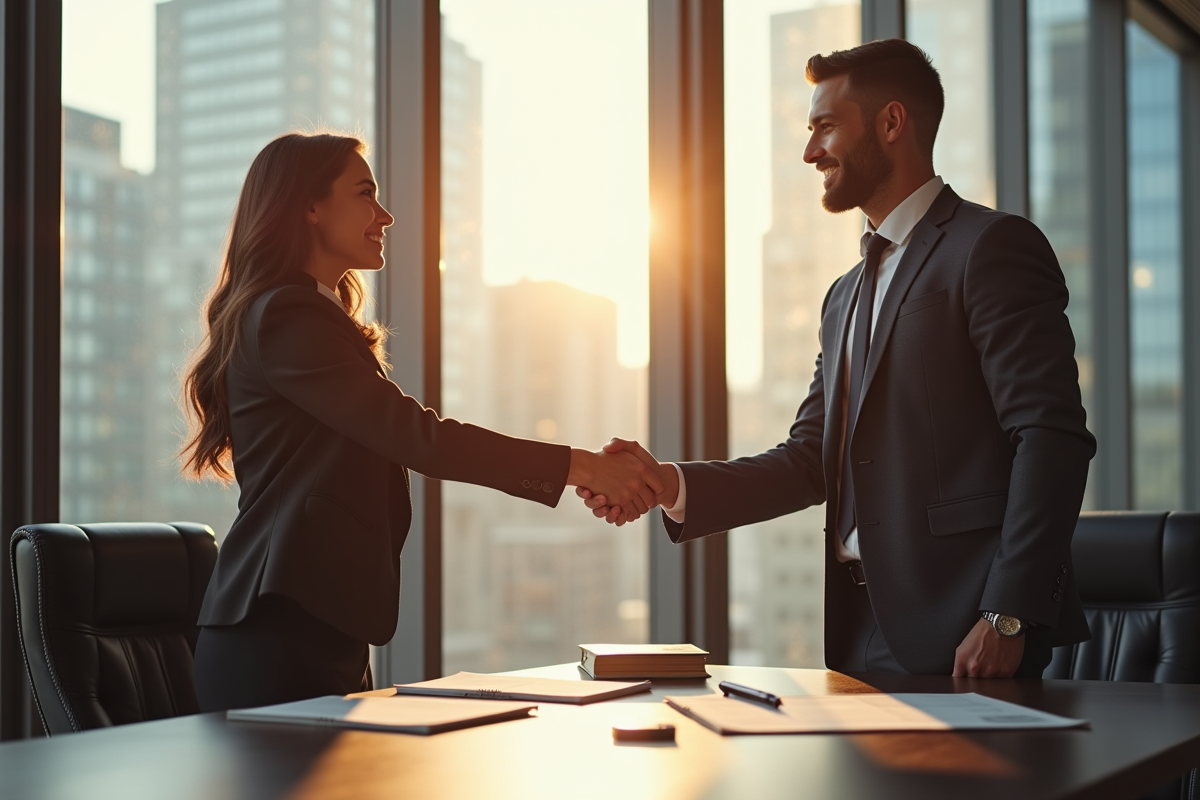 Professionnels en affaires serrant la main dans un bureau moderne