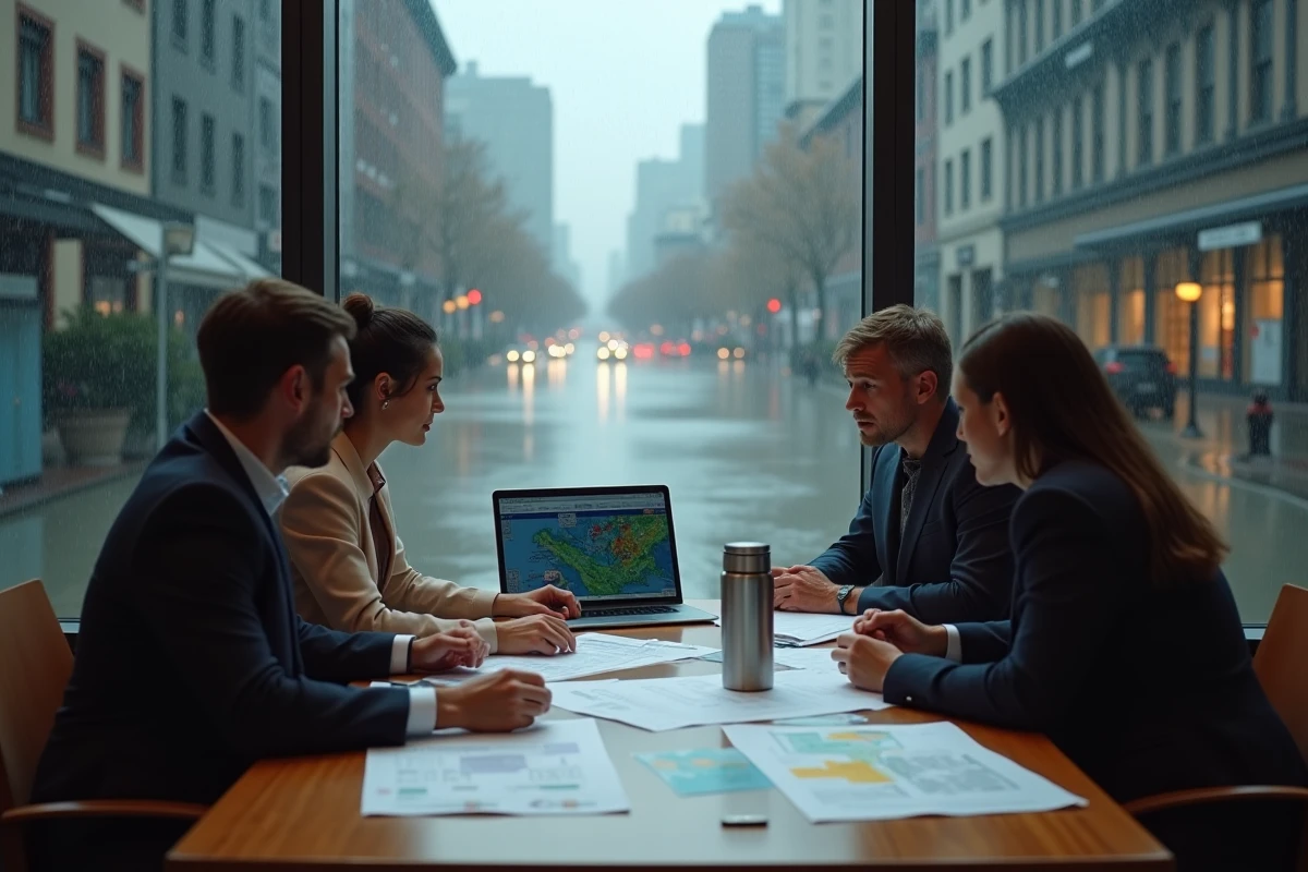 Équipe de crise analysant un plan de continuité d'activité face à une inondation urbaine visible depuis les fenêtres du bureau