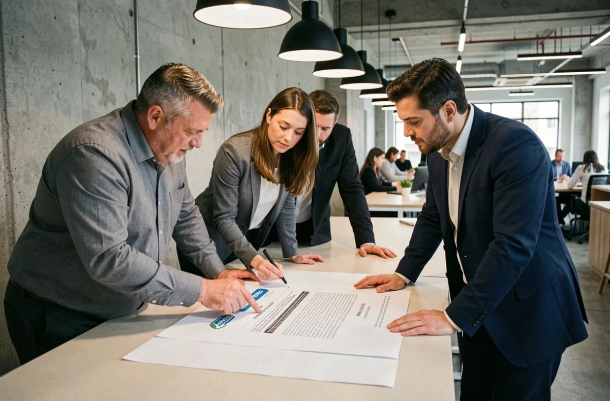 Groupe de professionnels en discussion autour d'un contrat de sponsoring dans un espace de coworking contemporain