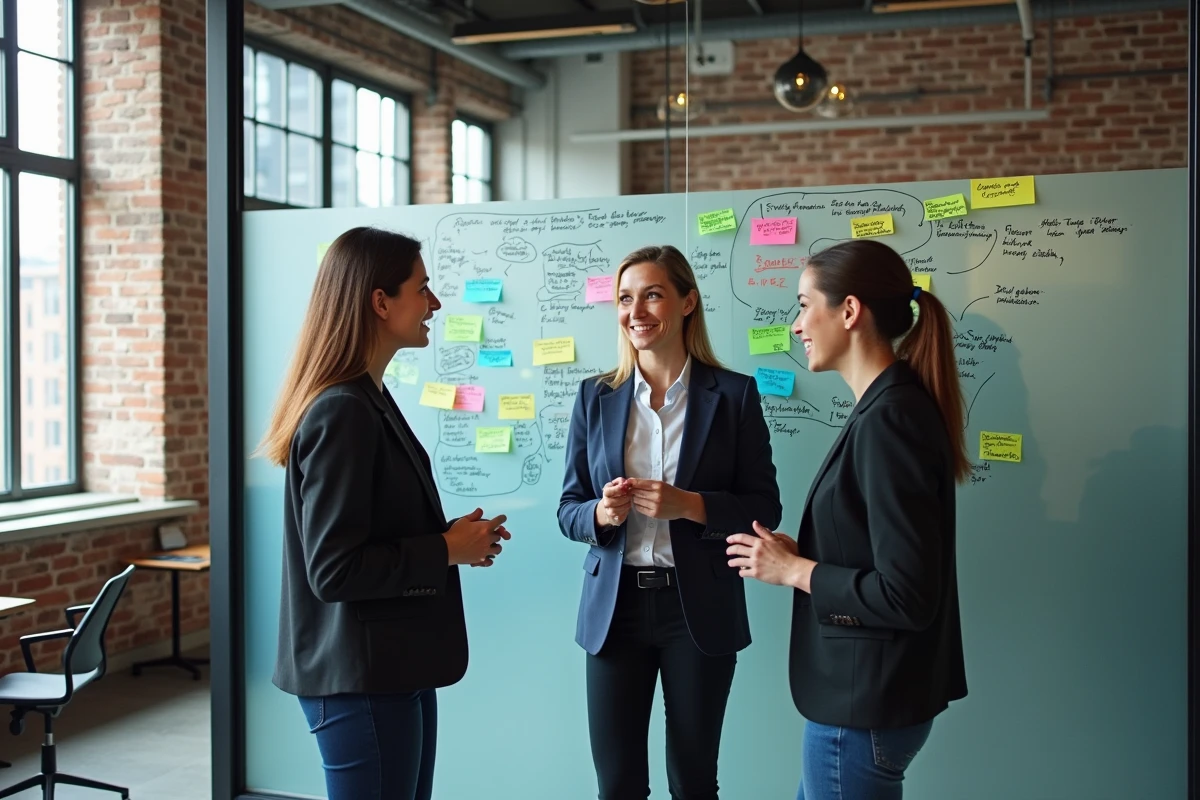 Equipe diverse discutant devant un mur de diagrammes colorés