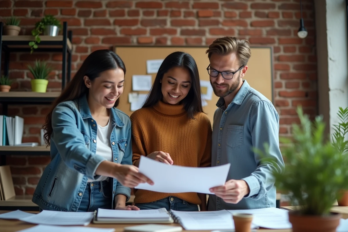 Équipe de collègues discutant d'une note de service dans un espace de travail collaboratif