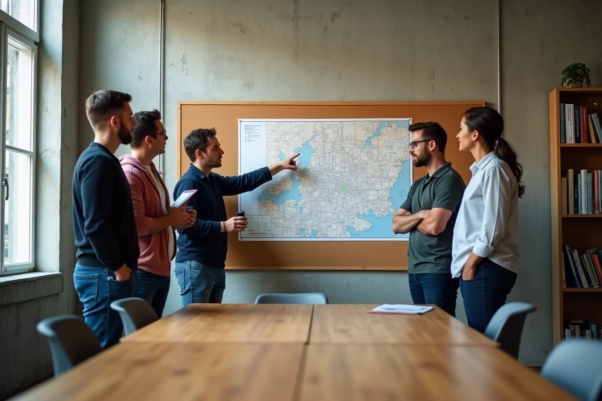 Équipe territoriale analysant une carte locale pour développer des initiatives d'emploi dans les territoires