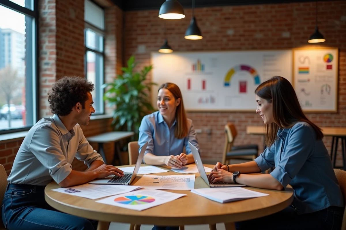 Équipe marketing pluridisciplinaire collaborant autour de rapports d'impact consommateur dans un espace de coworking urbain
