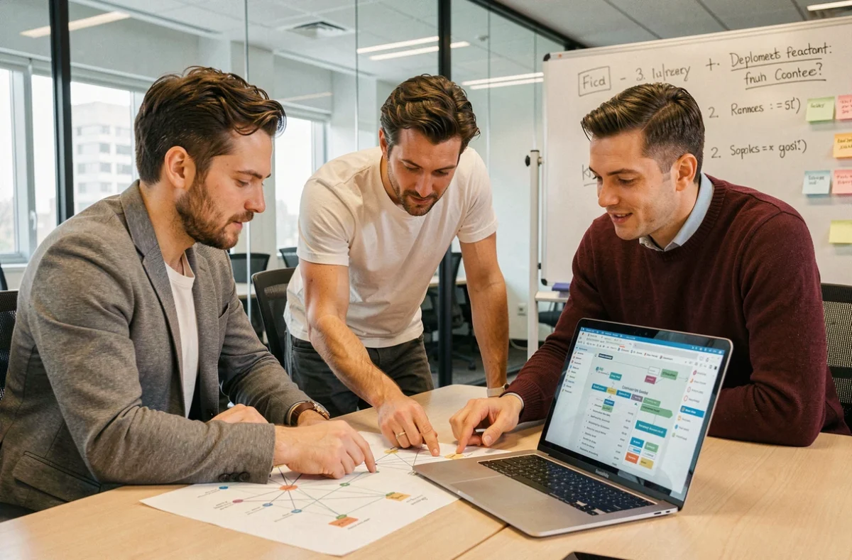 Équipe de data analysts planifiant un déploiement BI en salle de réunion autour de schémas d'architecture et d'une feuille de route de migration