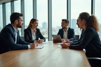 Groupe de professionnels français en réunion dans un bureau lumineux