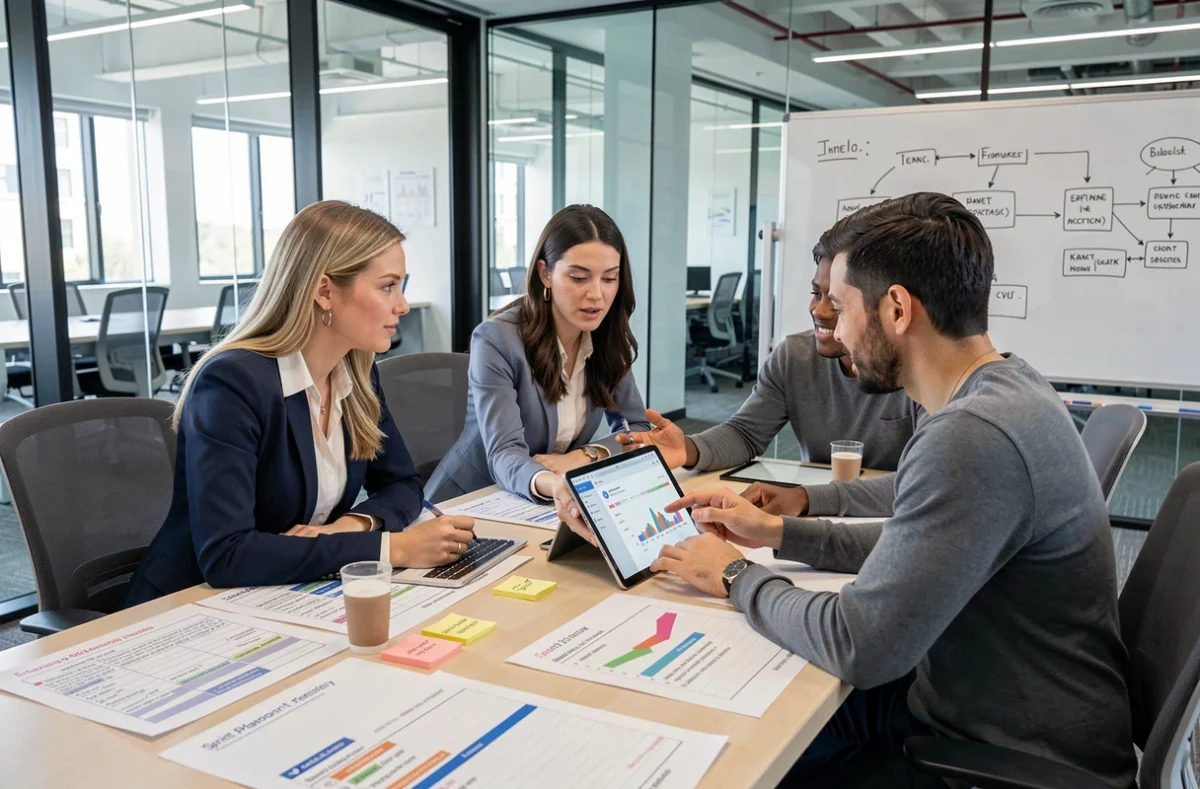 Équipe collaborative en réunion de planification de sprint autour d'un logiciel de gestion de projet partagé