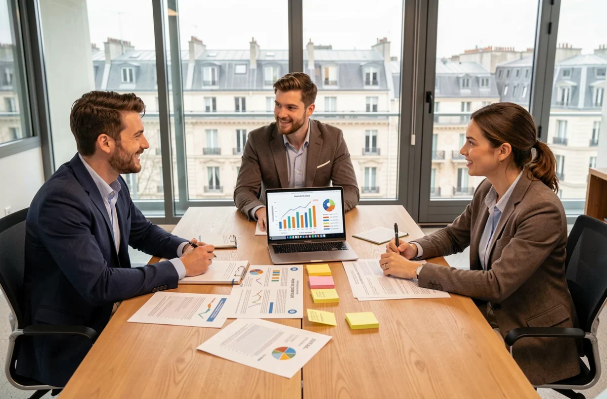 Équipe de jeunes entrepreneurs analysant des données de croissance et des opportunités d'implantation territoriale dans une salle de réunion vitrée avec vue urbaine