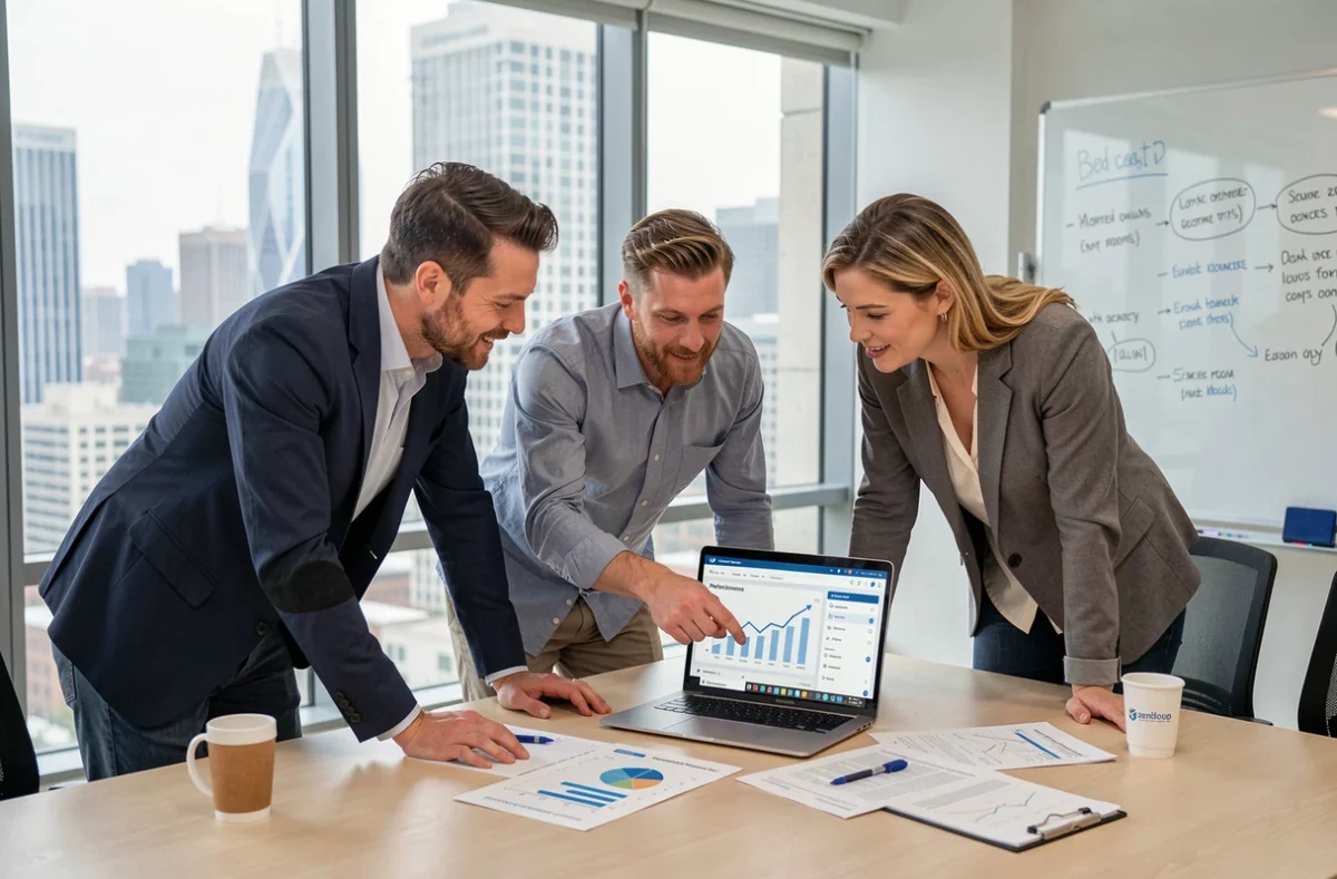 Équipe de professionnels collaborant sur une stratégie de croissance d'entreprise en salle de réunion