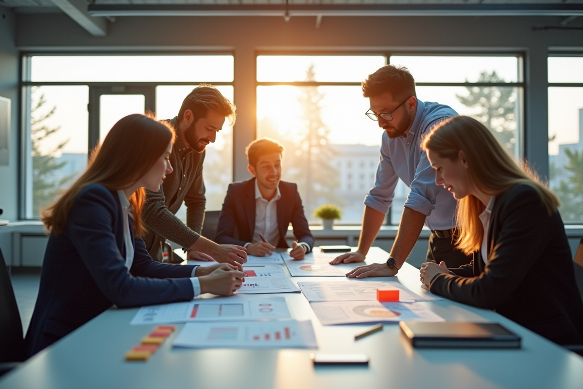 Equipe de professionnels analysant des graphiques dans un espace moderne