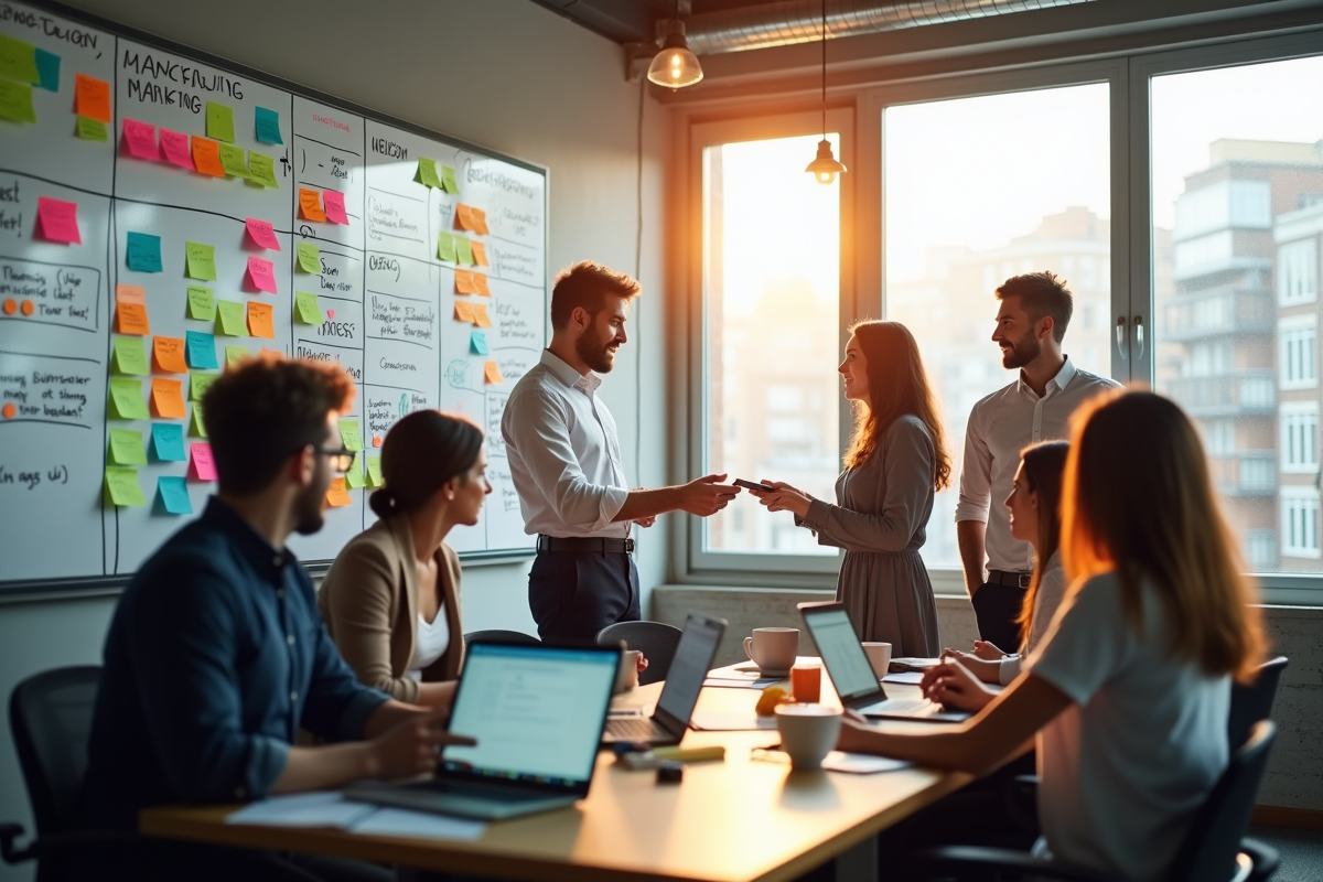 Espace de travail créatif avec notes et équipe en réunion