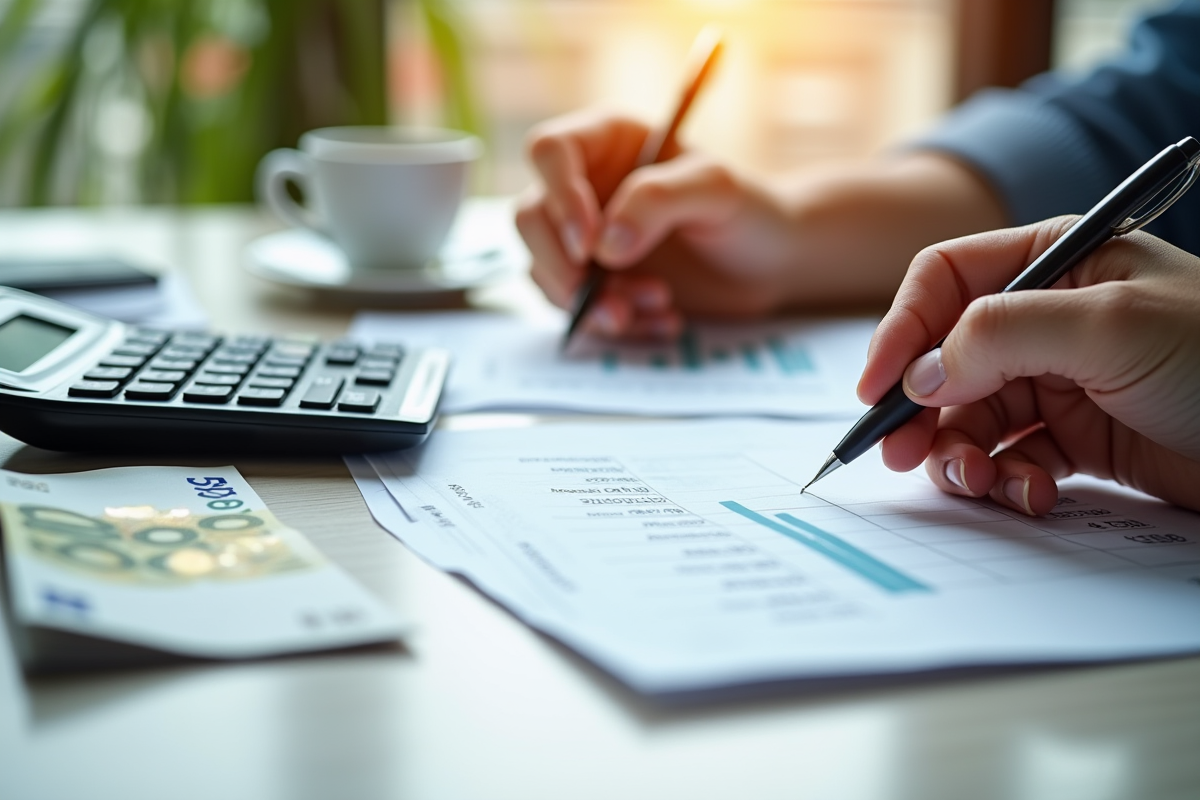 Espace de travail avec documents financiers et calculatrice