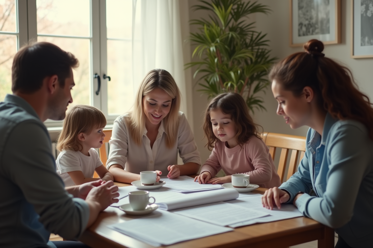 Famille discutant assurance avec agent à la maison