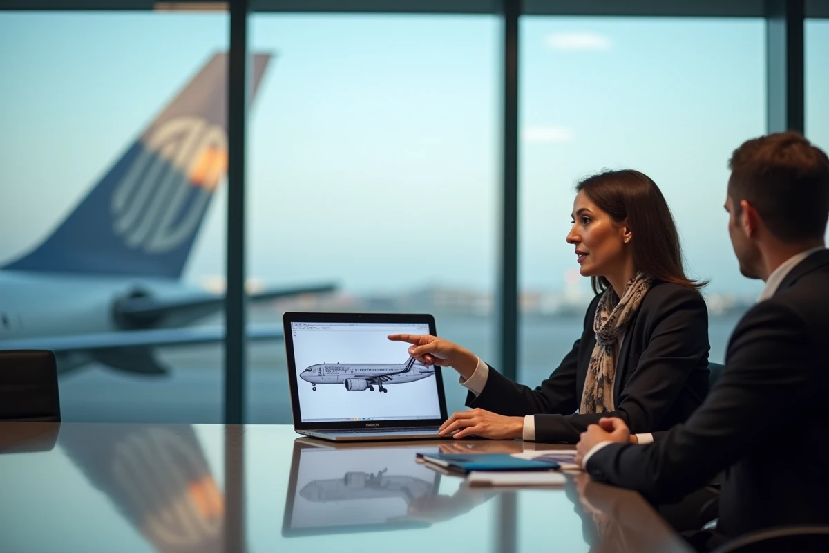 Femme d affaires étudie un dessin technique d un Airbus A330