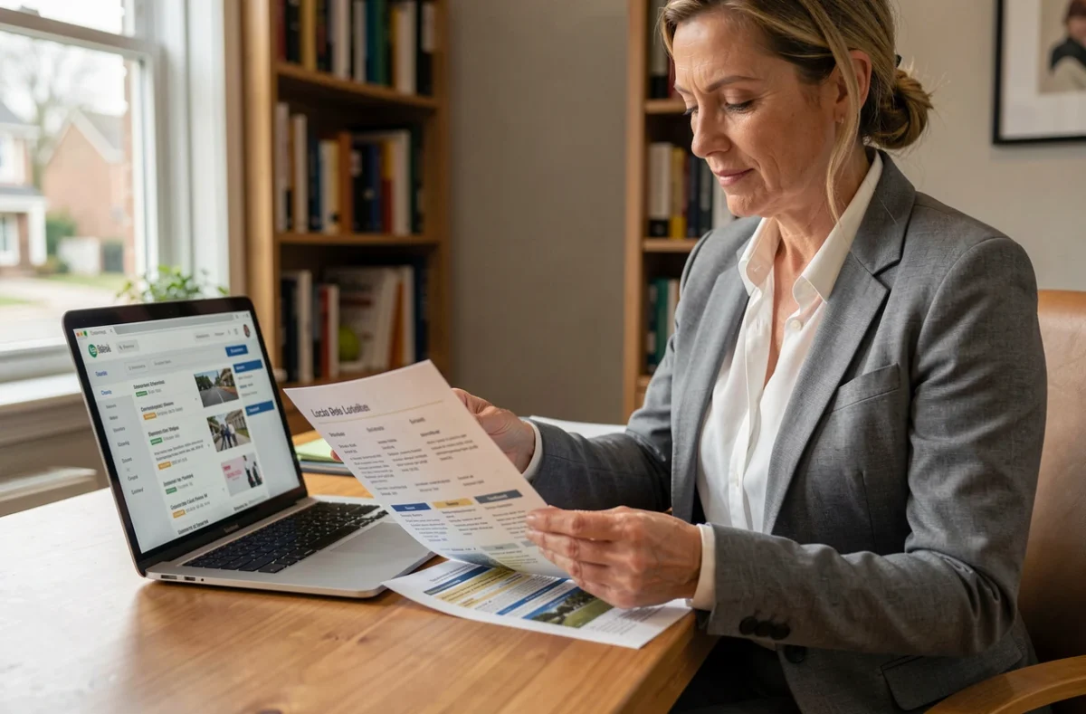 Femme d'affaires consultant une liste d'entreprises de nettoyage locales à son bureau à domicile