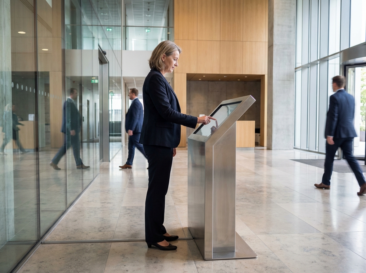 Femme d affaires utilisant un terminal digital dans un lobby