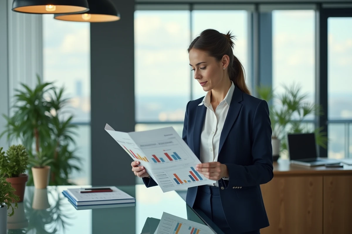 Femme d'affaires en costume regardant des graphiques financiers