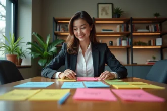 Femme d'affaires organisée avec notes colorées sur la table