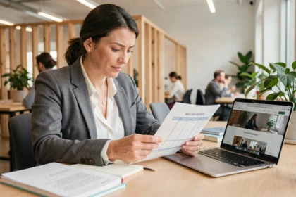 Femme professionnelle consultant le calendrier des événements gratuits LesEntreprisesFrenchy dans un espace de coworking moderne