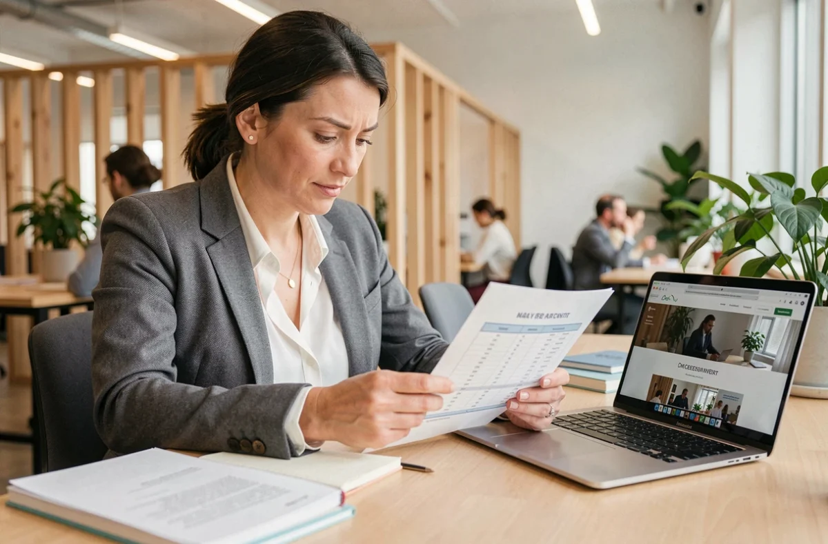 Femme professionnelle consultant le calendrier des événements gratuits LesEntreprisesFrenchy dans un espace de coworking moderne