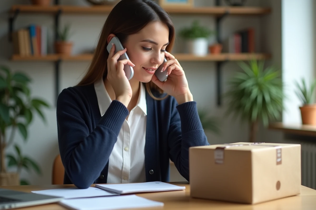 Femme au bureau avec colis et téléphone pour article