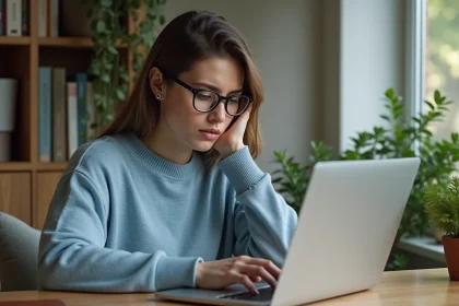 Femme concentr&eacute;e travaillant sur son ordinateur &agrave; la maison